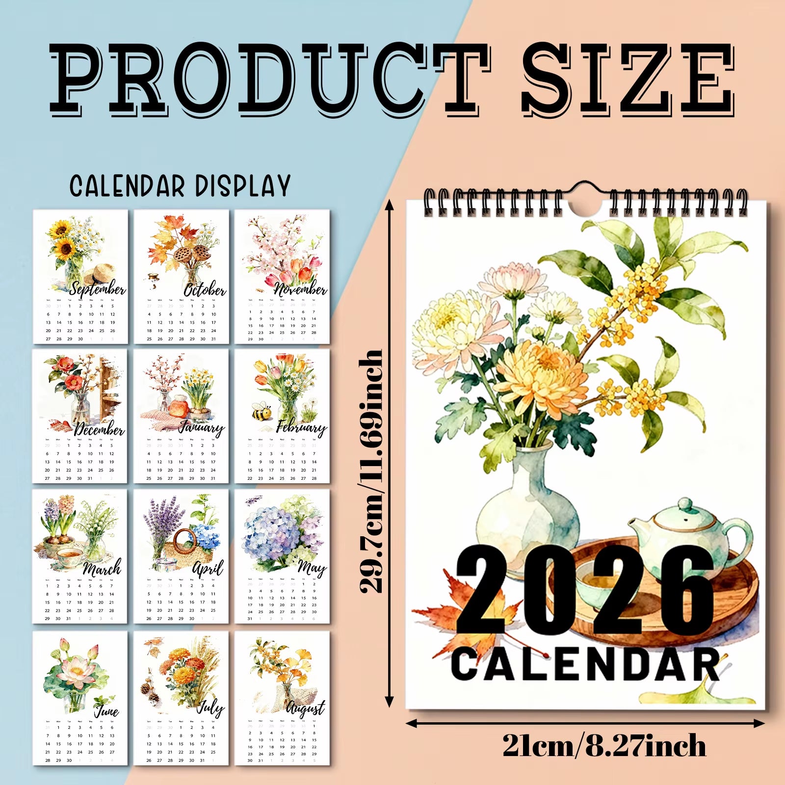 1PC 2026 Floral Watercolor Wall Calendar, Exquisite Flower-Themed Hanging Calendar for Nature & Art Lovers, Yearly Planning